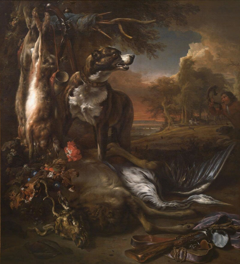 A Deerhound with Dead Game and Implements of the Chase