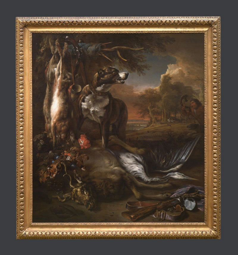 A Deerhound with Dead Game and Implements of the Chase