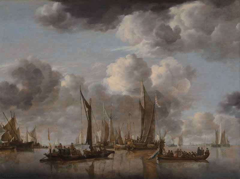 A Dutch Yacht firing a Salute as a Barge pulls away, and Many Small Vessels at Anchor