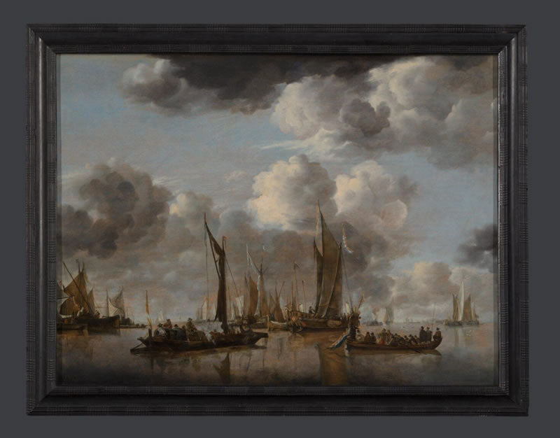 A Dutch Yacht firing a Salute as a Barge pulls away, and Many Small Vessels at Anchor