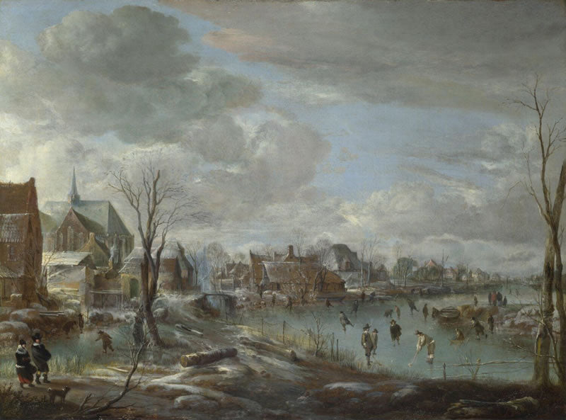 A Frozen River Near a Village with Golfers and Skaters