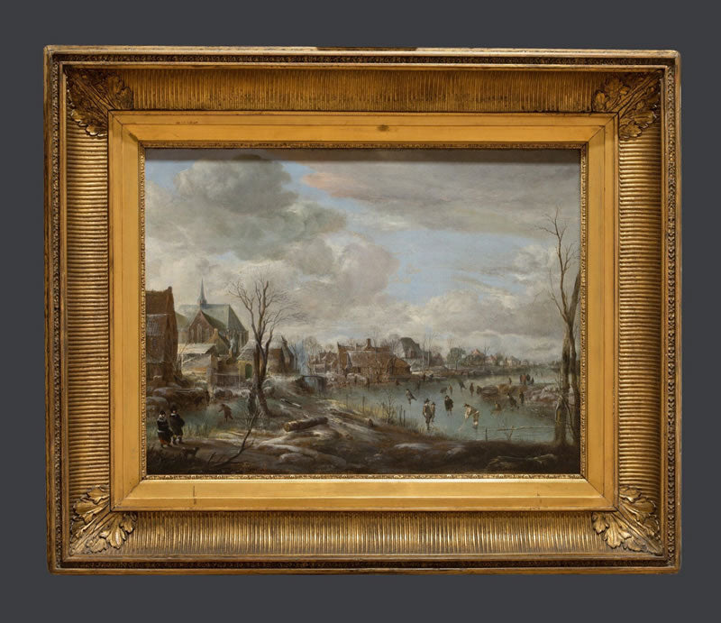 A Frozen River Near a Village with Golfers and Skaters
