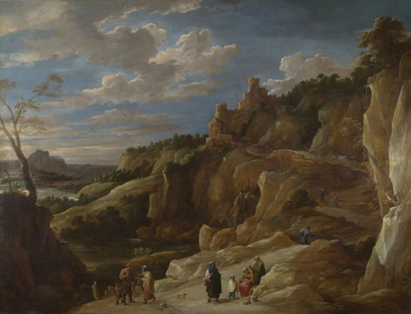A Gipsy telling a Peasant his Fortune in a Hilly Landscape
