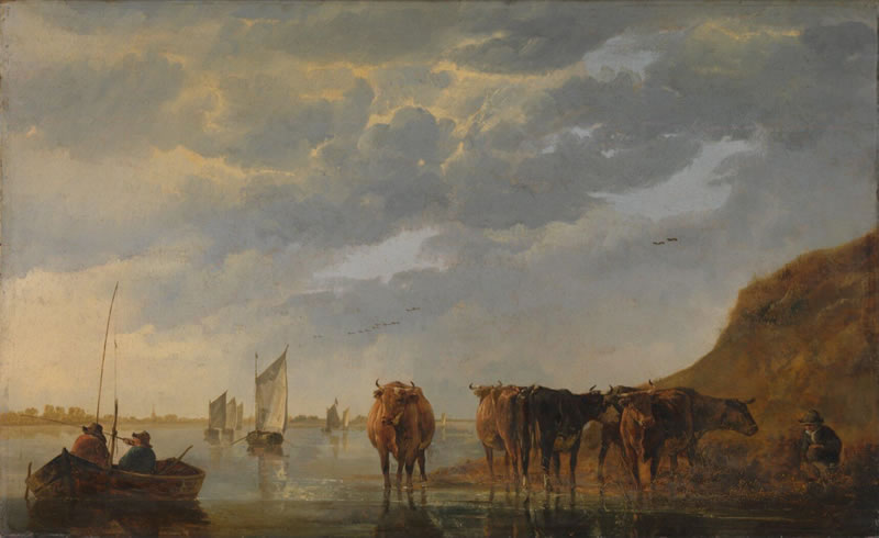 A Herdsman with Five Cows by a River