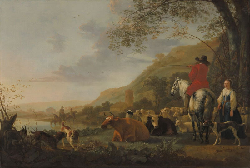 A Hilly River Landscape with a Horseman talking to a Shepherdess
