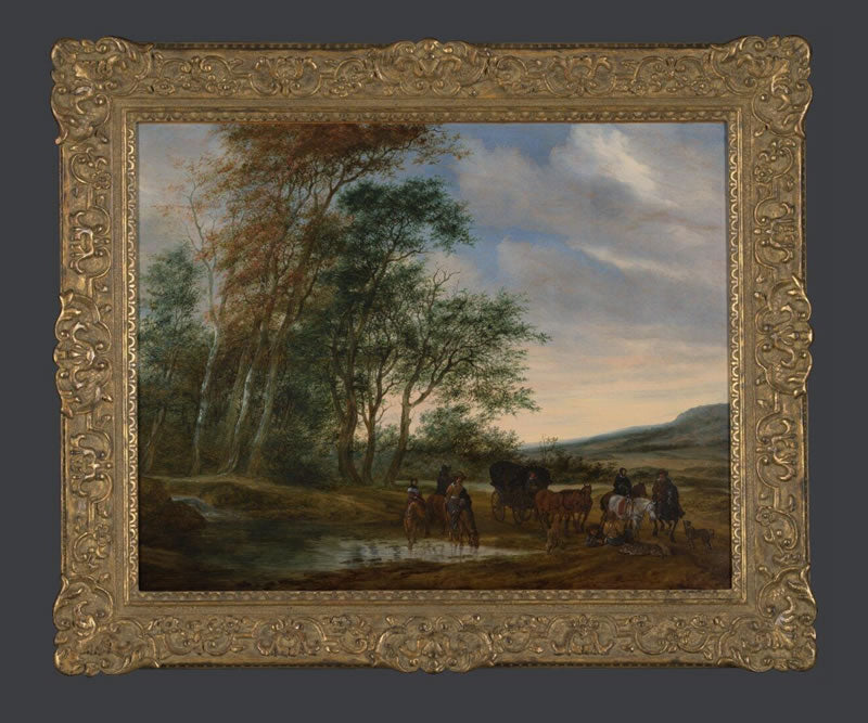 A Landscape with a Carriage and Horsemen at a Pool