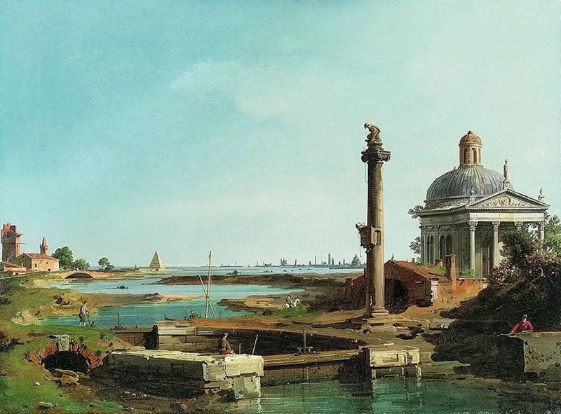 A Lock, a Column, and a Church beside a Lagoon