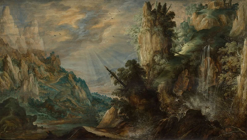 A Mountainous Landscape with a Waterfall