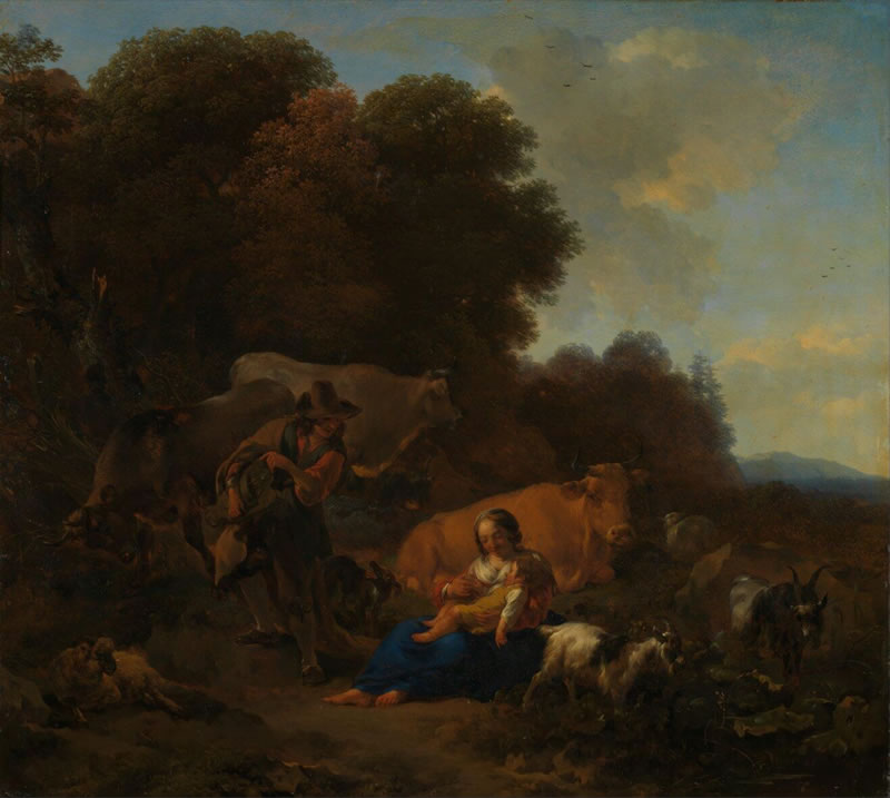 A Peasant playing a Hurdy-Gurdy to a Woman and Child in a Woody Landscape, with Oxen, Sheep and Goats