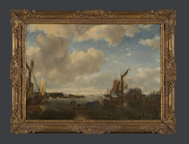 A River Scene with a Dutch Yacht firing a Salute as Two Barges pull away