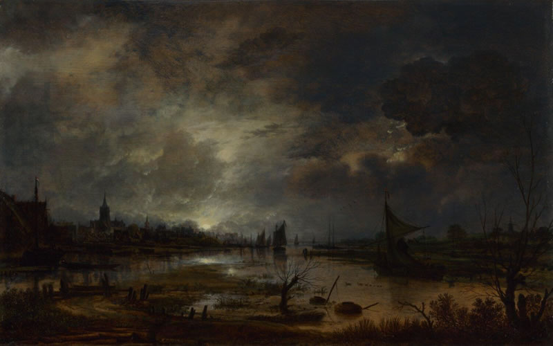 A River Near a Town by Moonlight