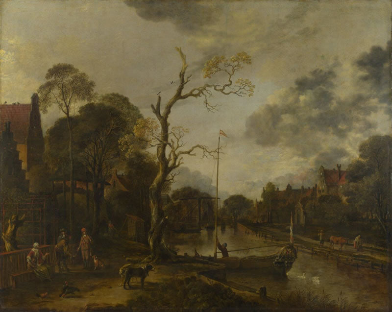 A View Along a River Near a Village at Evening