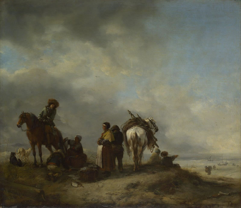A View on a Seashore with Fishwives offering Fish to a Horseman