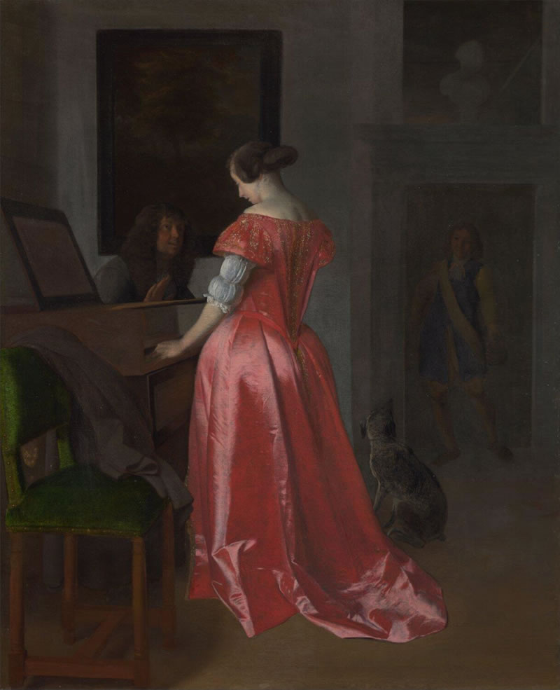 A Woman standing at a Harpsichord, a Man seated by her