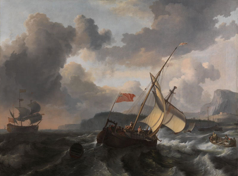 An English Vessel and a Man-of-war in a Rough Sea off a Coast with Tall Cliffs