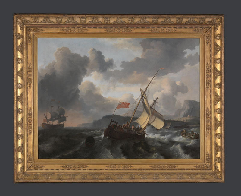 An English Vessel and a Man-of-war in a Rough Sea off a Coast with Tall Cliffs