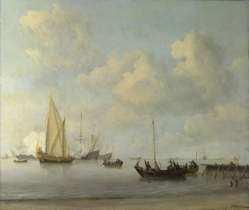 Boats pulling out to a Yacht in a Calm
