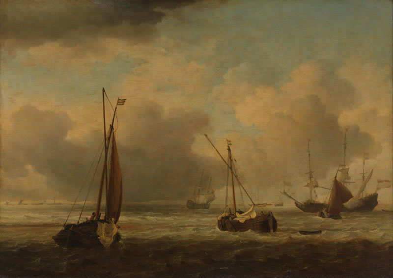 Dutch Ships and Small Vessels Offshore in A Breeze