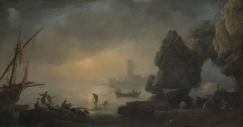 Harbor Scene with a Grotto and Fishermen Hauling in Nets