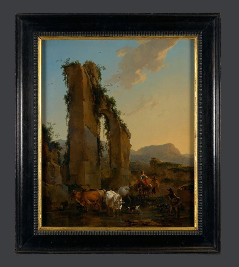 Peasants with Four Oxen and a Goat at a Ford by a Ruined Aqueduct