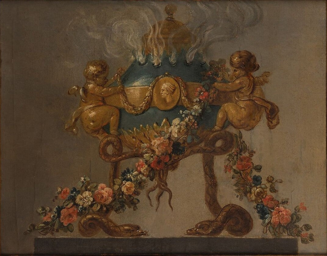 Perfume-burner supported by amorini and serpents and garlanded with flowers