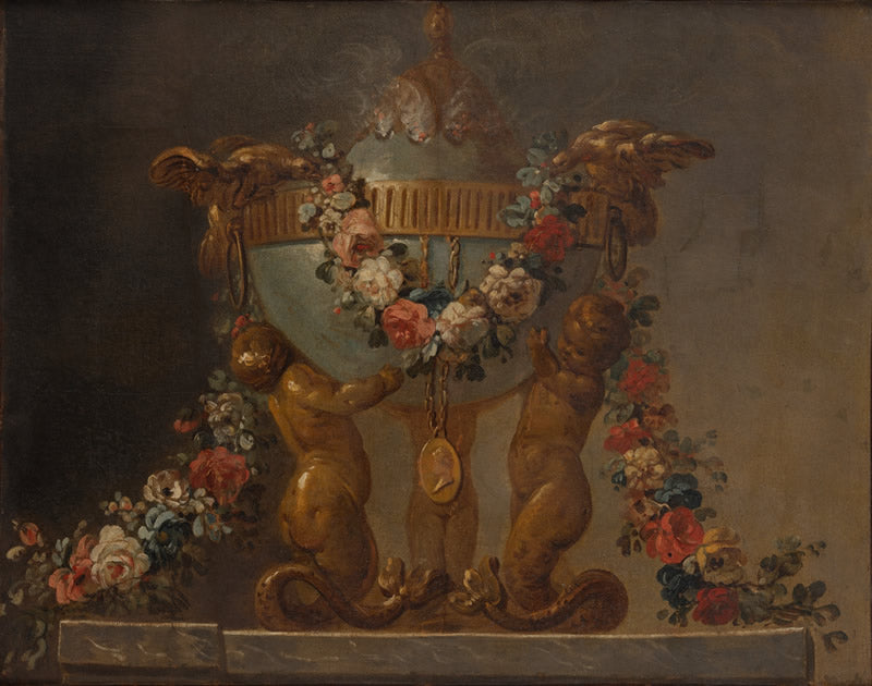 Perfume-burner supported by baby tritons and garlanded with flowers