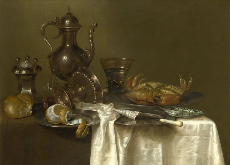 Still Life Pewter and Silver Vessels and a Crab