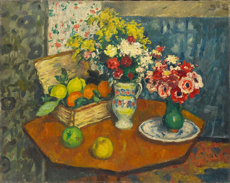 Basket of Fruit and Two Vases of Flowers