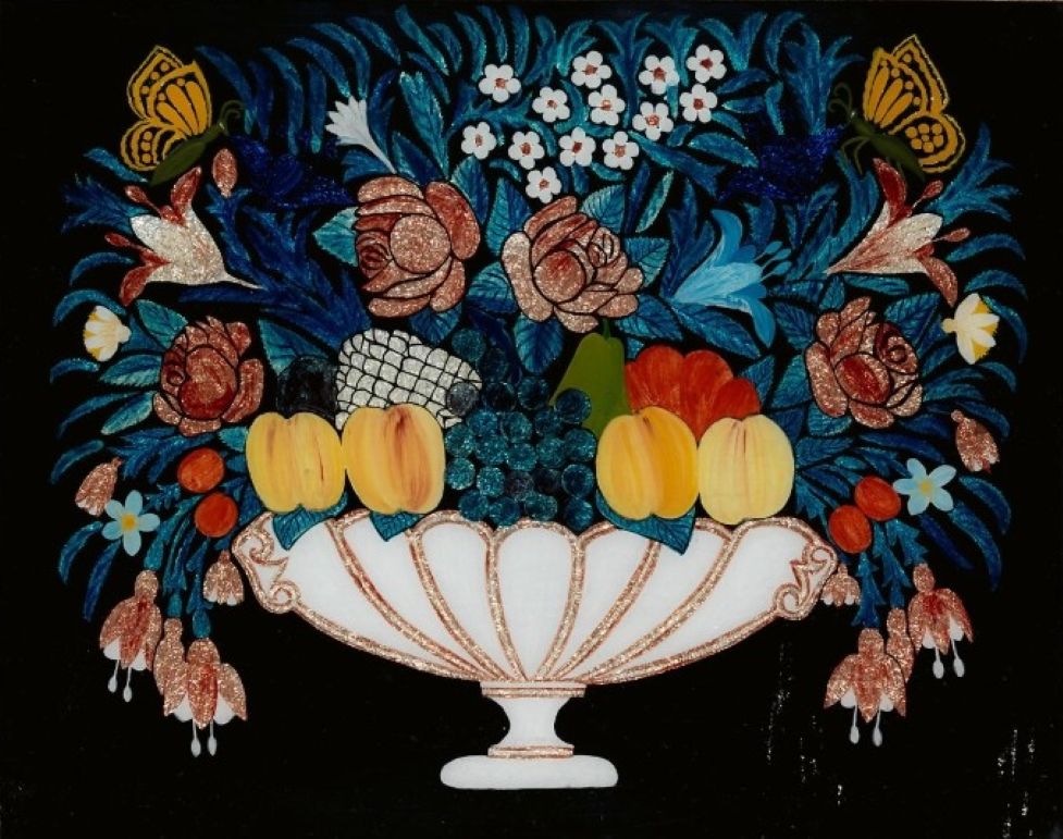 Still Life—Flowers and Fruit in White and Pink Bowl