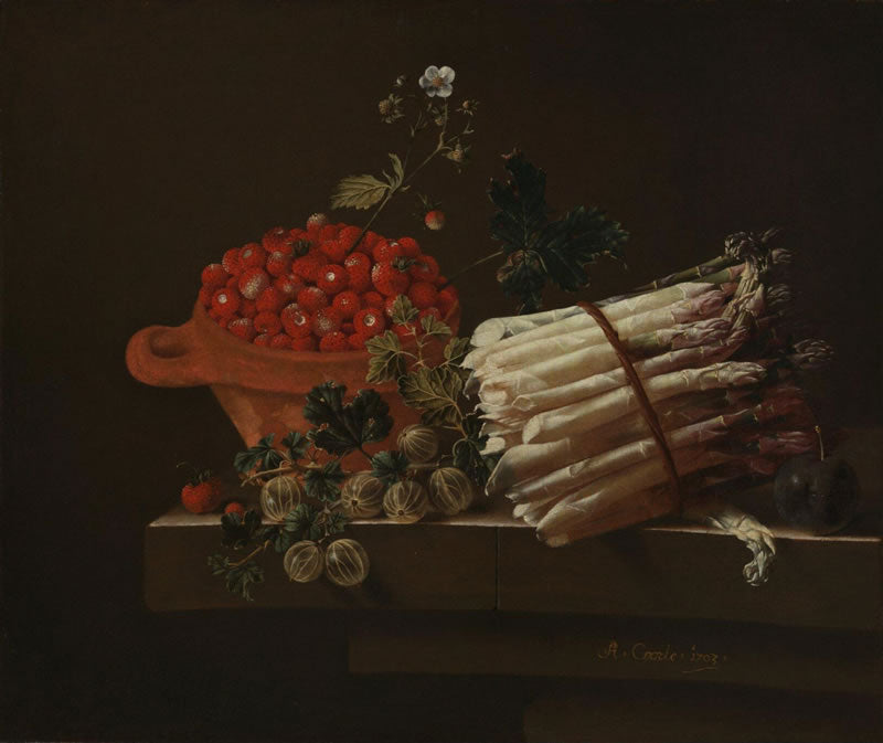 Still Life with a Bowl of Strawberries, a Spray of Gooseberries, Asparagus and a Plum