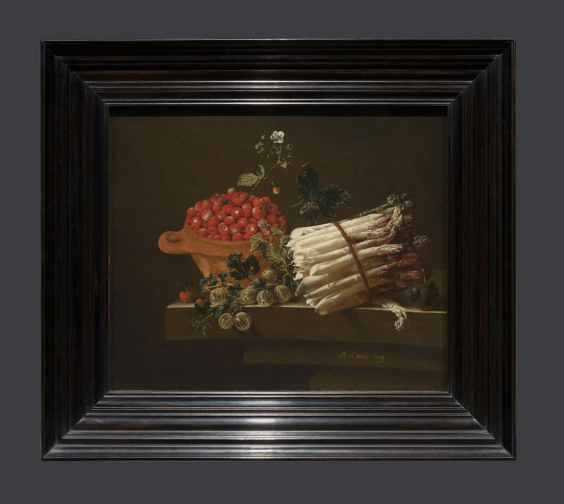Still Life with a Bowl of Strawberries, a Spray of Gooseberries, Asparagus and a Plum