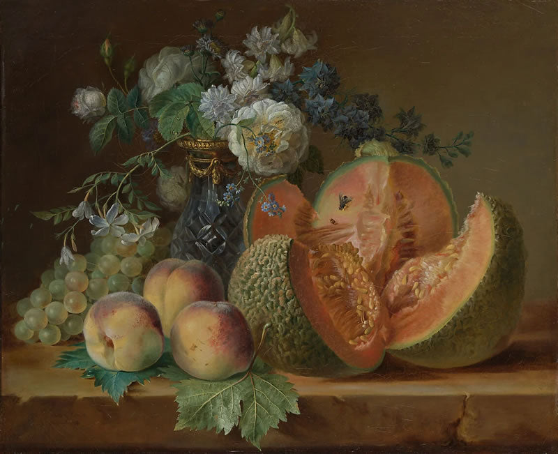 Still Life with a Vase of Flowers, Melon, Peaches, and Grapes
