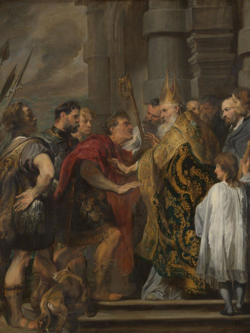 The Emperor Theodosius is forbidden by Saint Ambrose to enter Milan Cathedral