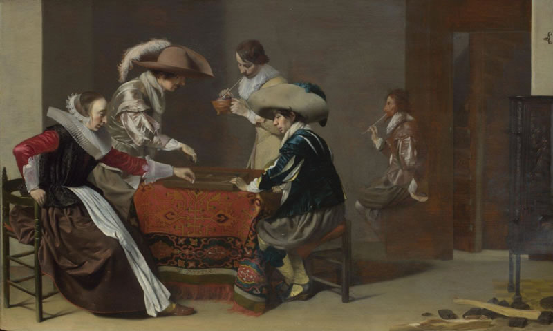 Two Men Playing Tric Trac with A Woman Scoring