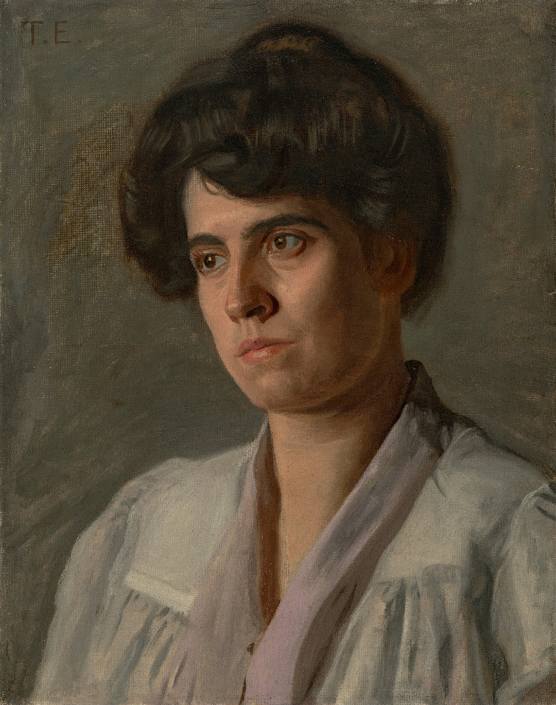 Portrait of a woman with a neutral expression on a textured gray background