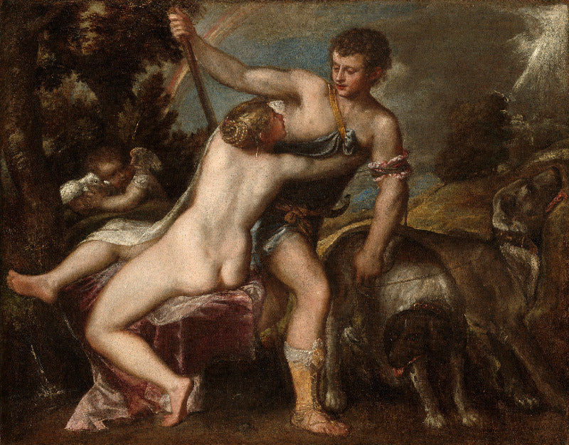 Baroque-style painting depicting a nude woman being held by a muscular man, with a child in the background and dogs in the foreground, rendered in dark earthy tones.