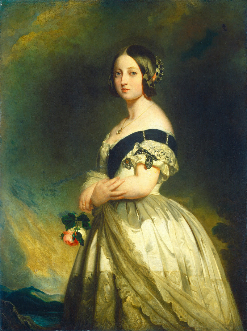 A classical oil painting portrait of a woman in an off-the-shoulder cream gown with a dark blue bodice, set against a dramatic painted sky and dark background.