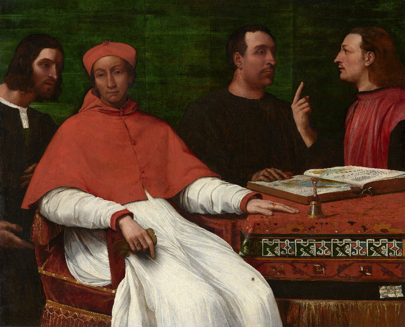 A Renaissance-style painting showing four men seated around a table with books and a chalice. The central figure wears a red cap and a red cloak over white garments, while the others wear dark and red robes against a dark green background.