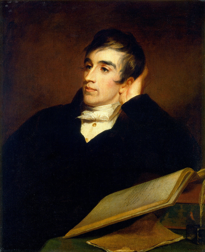 A classical oil painting portrait of a young man in a dark coat and white cravat, seated with an open book in the foreground against a dark brown background.
