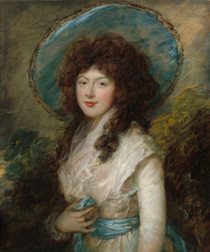 A classical oil portrait painting of a young woman with voluminous dark brown hair, wearing a white ruffled dress with a blue sash and a large blue-brimmed hat, set against a painterly brown and green background.