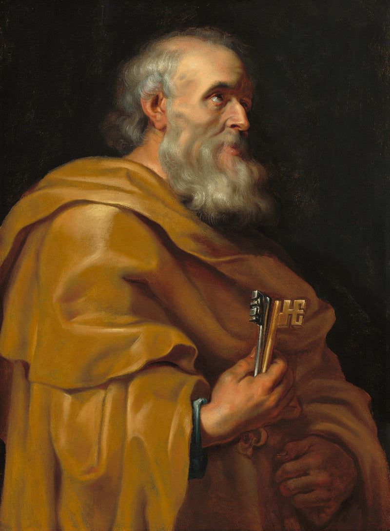 A classical oil painting portrait of an elderly saint or monk with a white beard, wearing a golden-brown robe and holding keys against a dark background.