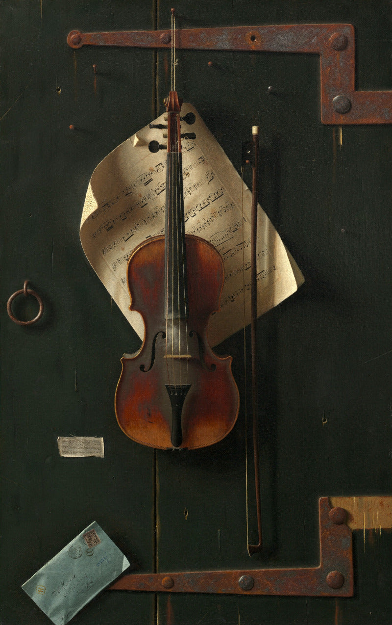 A vintage wooden violin hangs against a dark green door, with sheet music draped behind it and a bow resting beside it. Rusty metal brackets and small paper pieces are also visible around the scene.