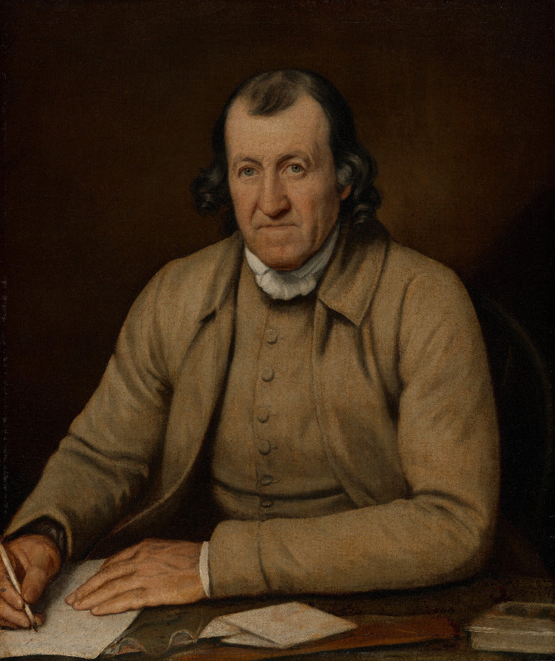 A classical portrait painting of a man seated at a desk, wearing a tan coat over a brown vest and white cravat, with papers on the desk against a dark brown background.