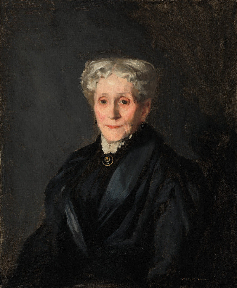 Portrait of an elderly woman with white hair and dark clothing against a dark background