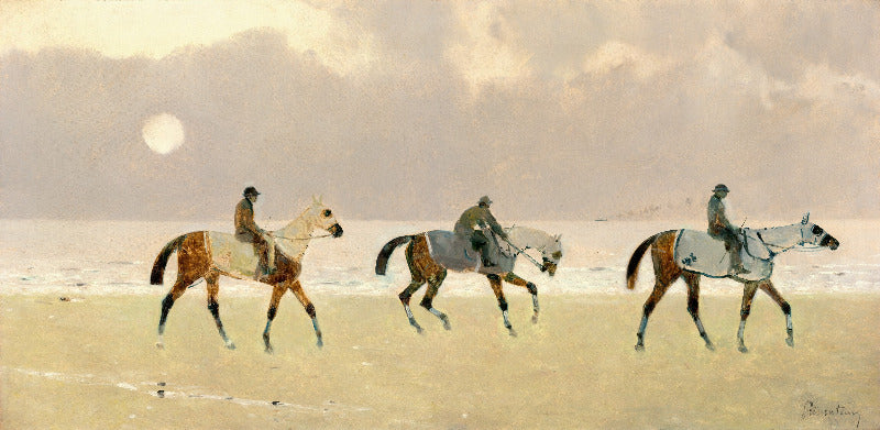 A vintage-style painting depicting three horse riders on horseback riding along a sandy beach under a cloudy sky with a bright sun or moon in the upper left.