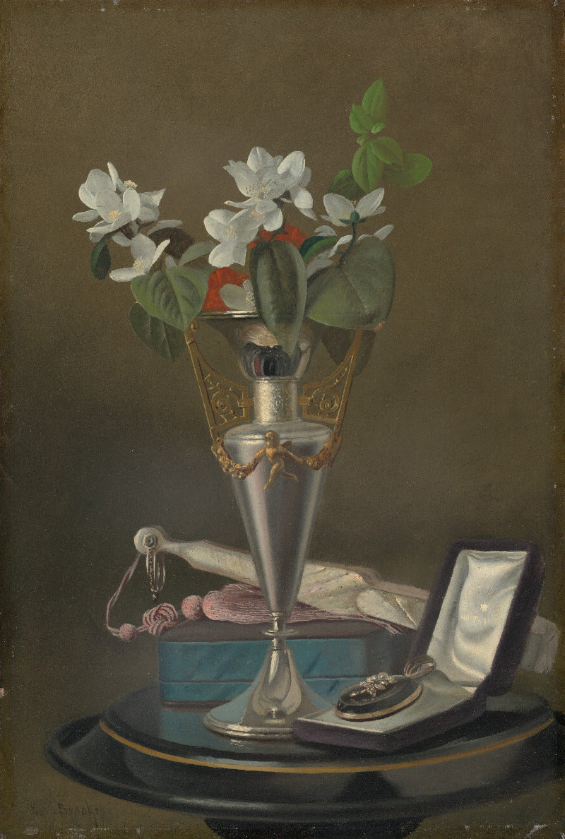 A still life painting featuring a tall silver goblet vase with white flowers and green leaves, set on a dark round table beside a blue box, a pink ribbon, and an open jewelry box.