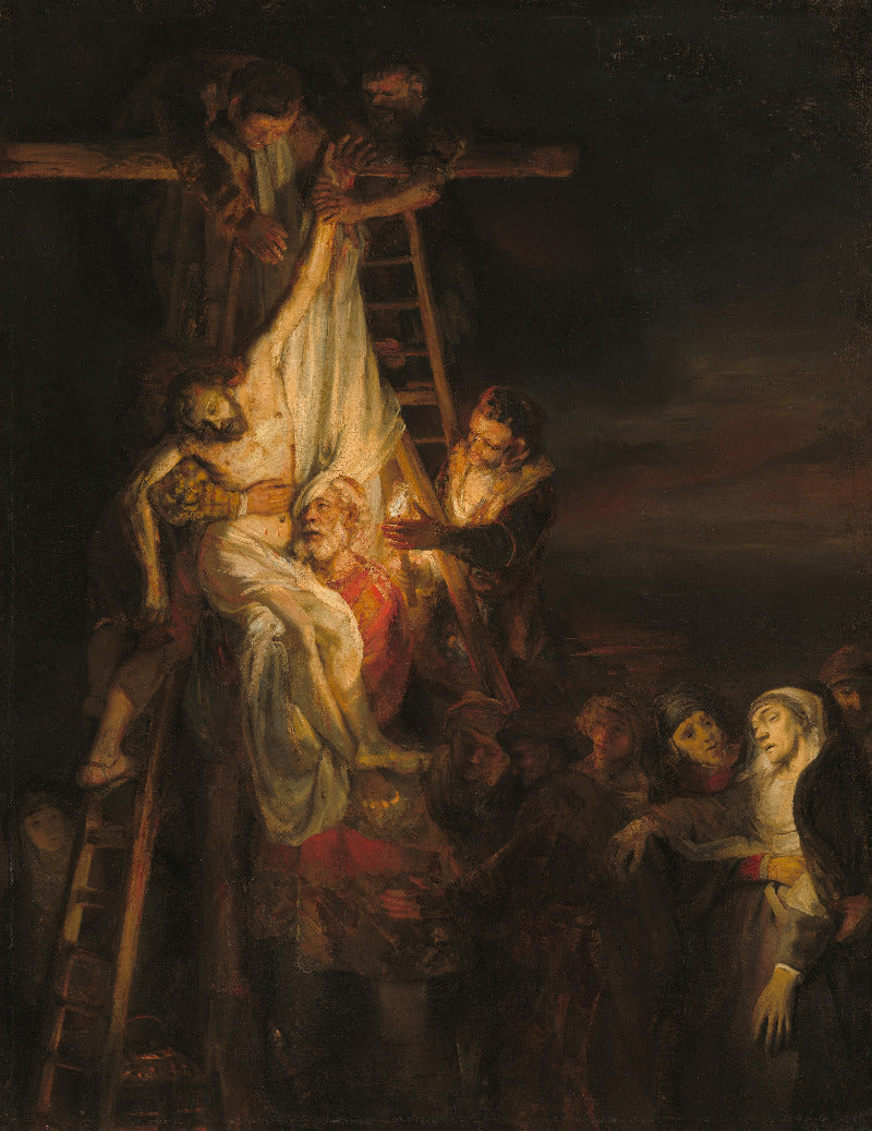 Darkly painted scene with figures around a central figure on a ladder.