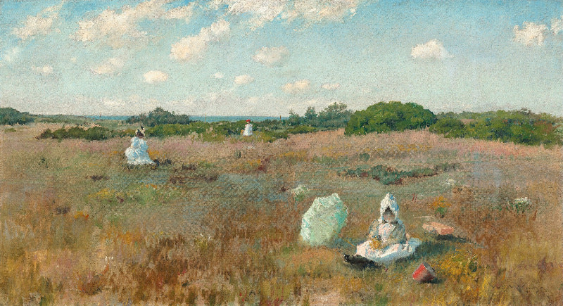 An impressionist landscape painting depicting a grassy field under a cloudy blue sky, with a seated woman in white in the foreground and distant figures near trees.