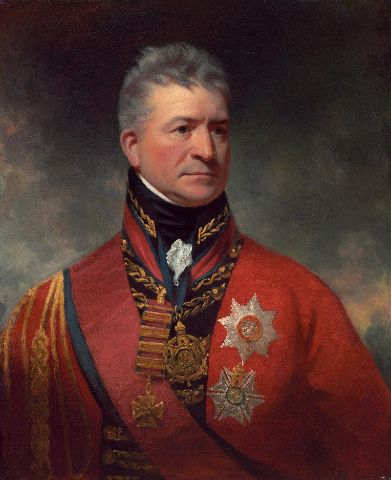A formal portrait painting of an older man with gray hair, wearing a red military-style coat with gold embroidery, a black neck collar, and multiple ornate medals and sashes against a dark painted background.