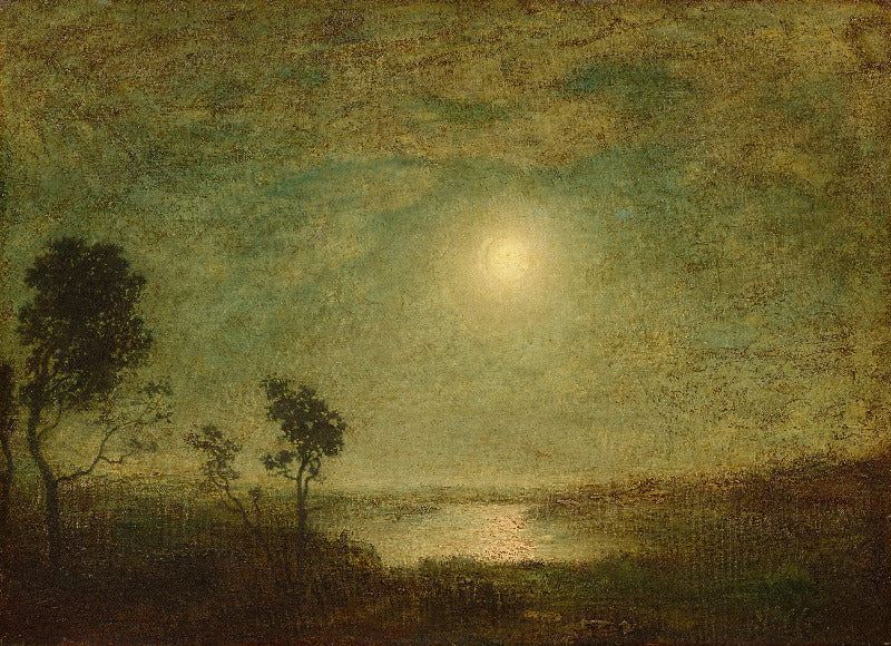 A moody landscape painting depicting a bright full moon over a calm body of water, with dark silhouetted trees on the left and a hazy greenish sky.